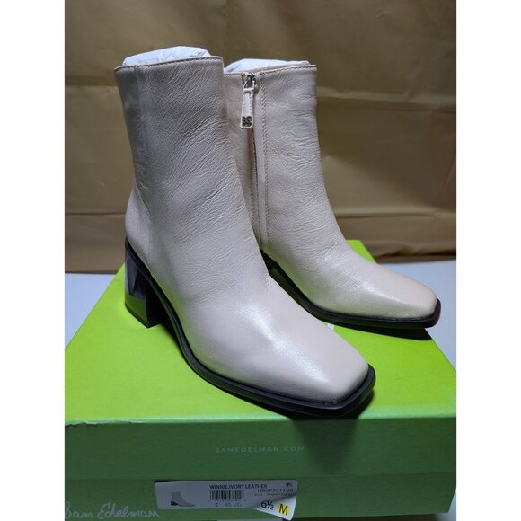 Sam Edelman Women's Winnie Block-Heel Booties Ivory Leather Size 6.5 MNew in box - Picture 1 of 8